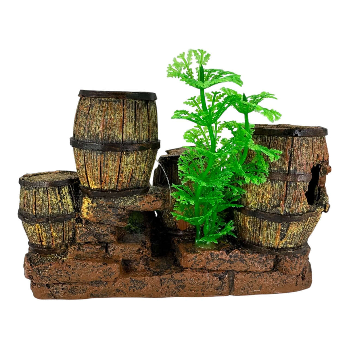 Barrels and Plants Aquarium Ornament featuring weathered barrels and lush greenery for an enchanting underwater scene.