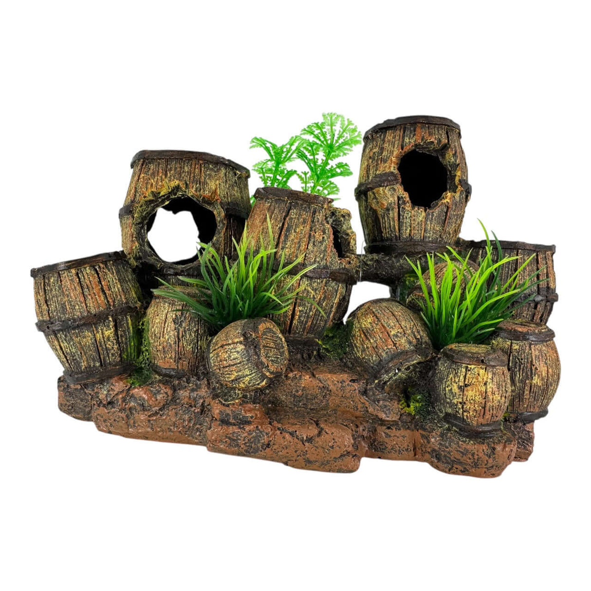 Barrels and Plants Aquarium Ornament with weathered barrels and green plants, enhancing aquarium decor and creating an underwater scene.