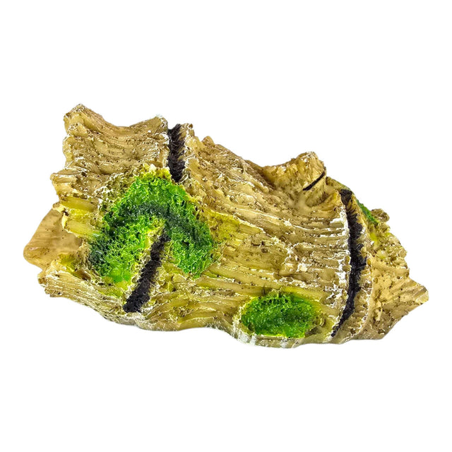 Beer Log Aquarium Ornament resembling weathered driftwood with green accents, perfect for aquariums and terrariums.