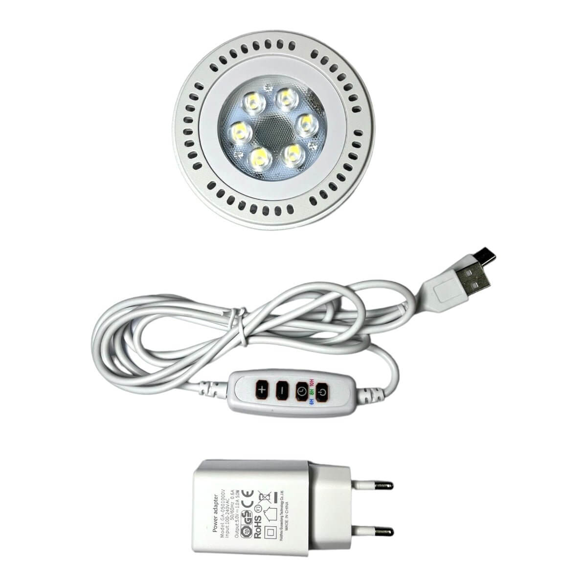LED grow light with USB cable and power adapter for terrarium climate control.