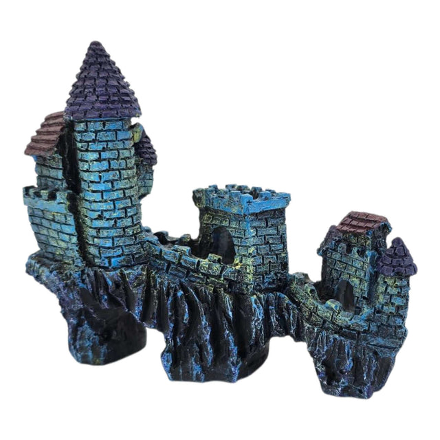 Blue Castle Aquarium Ornament with towers, textured stone walls, and medieval design for aquarium decoration.
