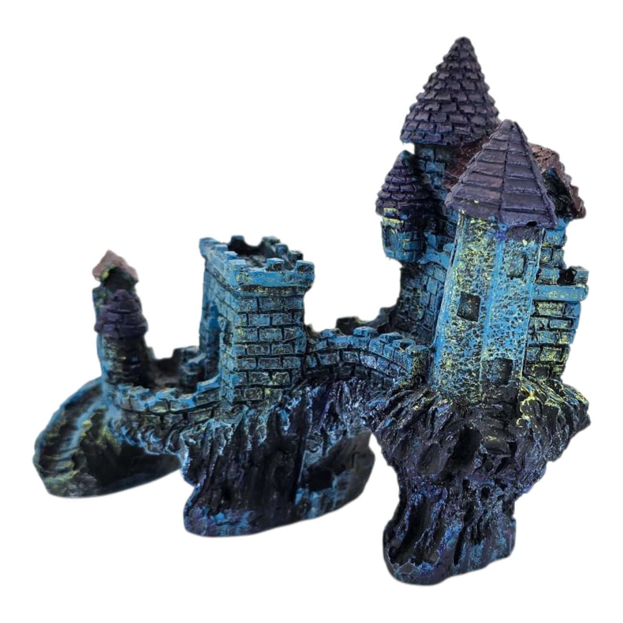 Blue Castle Aquarium Ornament with pointed roofs and textured stone-like walls adding charm to aquariums.