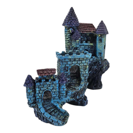 Blue Castle aquarium ornament featuring textured stone-like walls and conical roofs, perfect for aquatic decor.