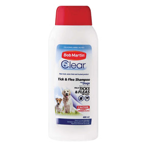 Bob Martin's 400ml Tick & Flea Shampoo for dogs, effective treatment for ticks and fleas.
