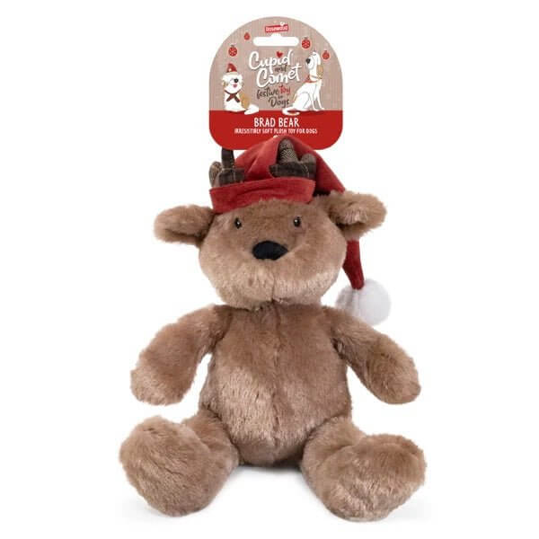 Ultra-soft Brad Bear plush toy with elf hat and antlers, perfect holiday buddy for dogs during festive playtime.