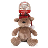 Ultra-soft Brad Bear plush toy with elf hat and antlers, perfect holiday buddy for dogs during festive playtime.