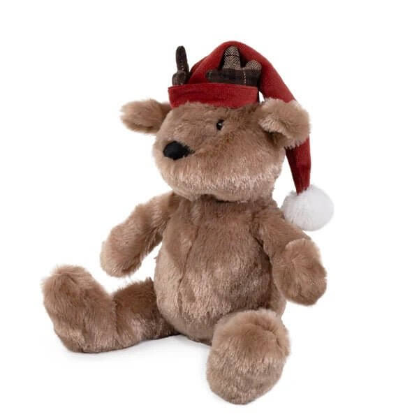 Ultra-soft teddy bear with elf hat and antlers, perfect holiday toy for dogs to cuddle and play with.