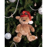 Ultra-soft Brad Bear plush toy with an elf hat and antlers, perfect for festive cuddles, hanging on a Christmas tree.
