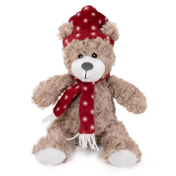 Adorably soft Brie Bear teddy with festive scarf and hat, perfect for holiday cuddles and fun.