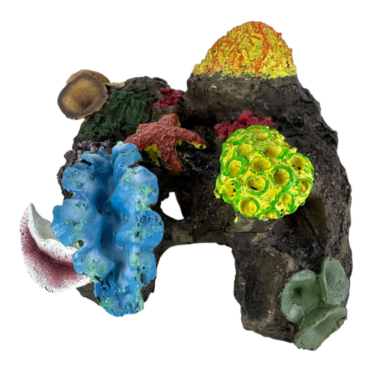 Bright corals and seaweed on a rock aquarium ornament, showcasing vibrant colors and textures for aquatic decor.