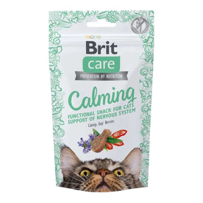 Brit Care Calming Snack for Cats 50g packaging featuring a cat and Goji Berries for soothing nervous felines.