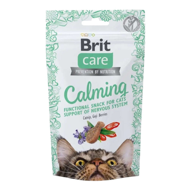 Brit Care Calming Snack for Cats 50g packaging featuring a cat and Goji Berries for soothing nervous felines.