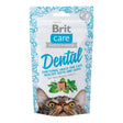 Brit Care Dental Snack for Cats 50g pack promoting healthy teeth and gums with nutritional ingredients like Basil and Rosemary.