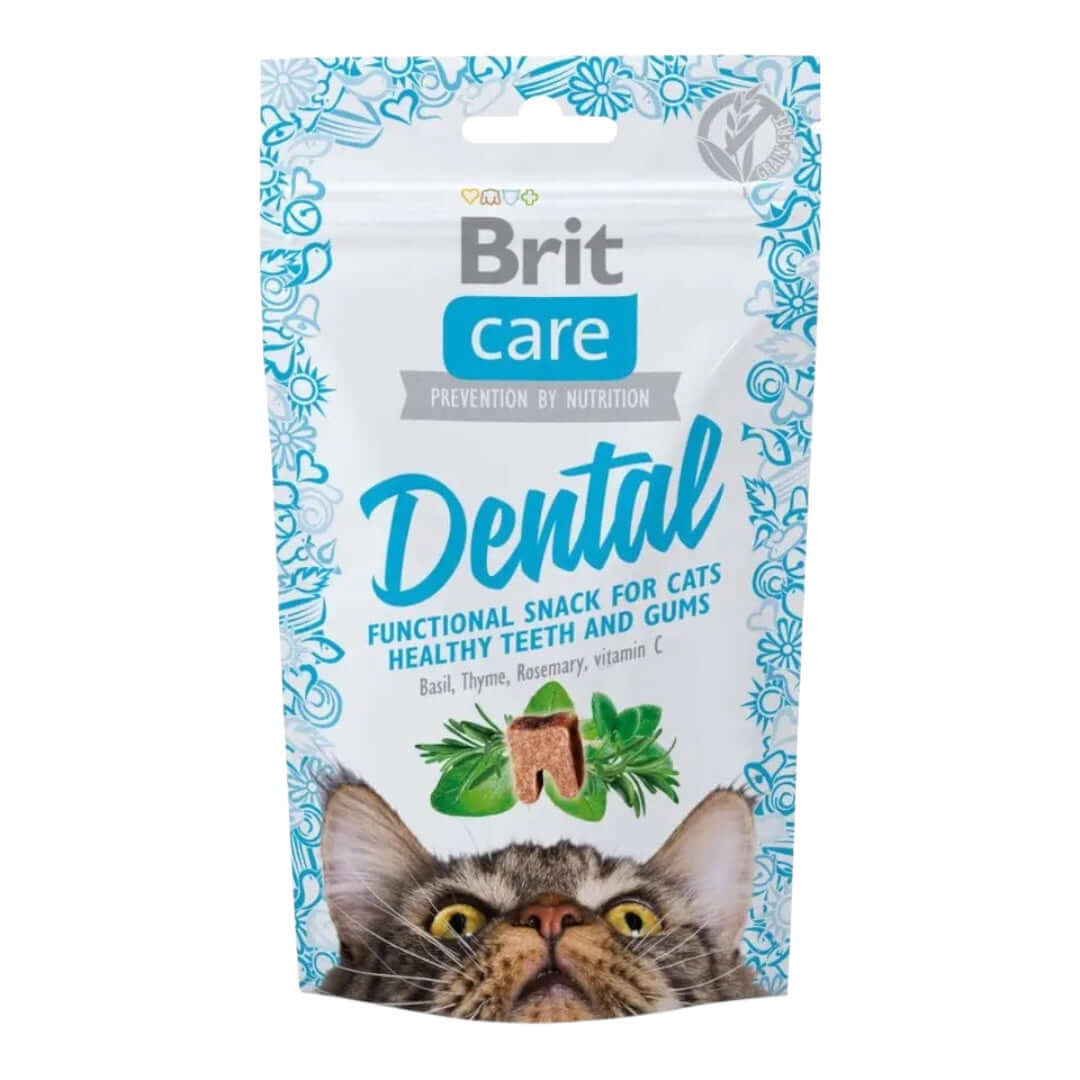 Brit Care Dental Snack for Cats 50g pack promoting healthy teeth and gums with nutritional ingredients like Basil and Rosemary.
