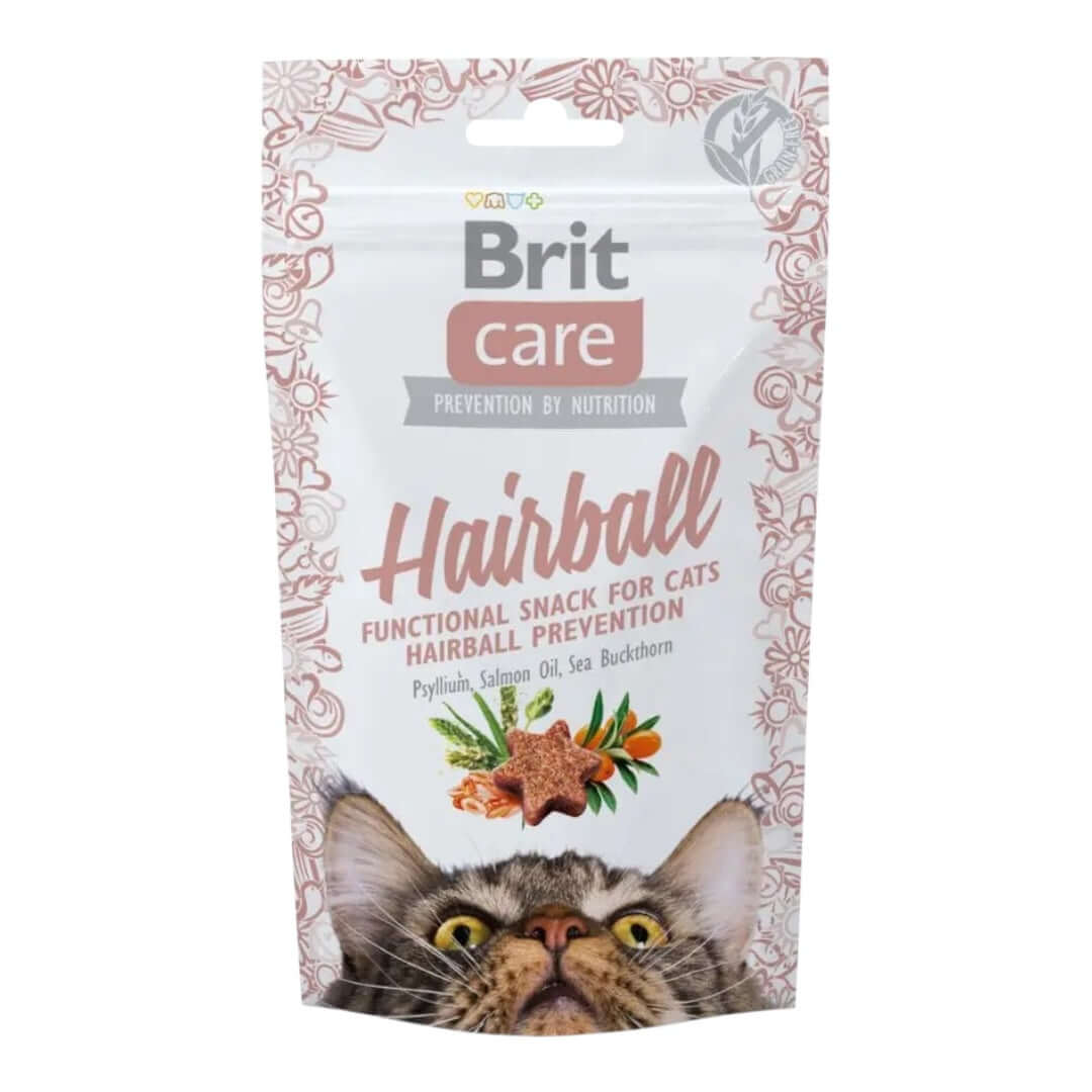 Brit Care Hairball Snack for Cats 50g, effective treat for hairball prevention with psyllium and salmon oil.
