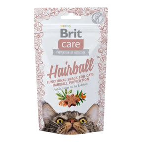 Brit Care Hairball Snack for Cats 50g, effective treat for hairball prevention with psyllium and salmon oil.