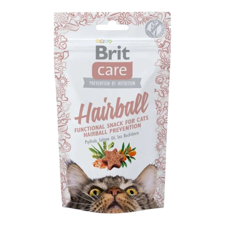 Brit Care Hairball Snack for Cats 50g, effective treat for hairball prevention with psyllium and salmon oil.