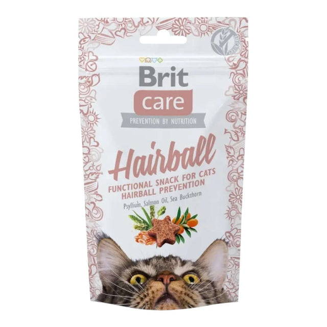 Brit Care Hairball Snack for Cats 50g, effective treat for hairball prevention with psyllium and salmon oil.
