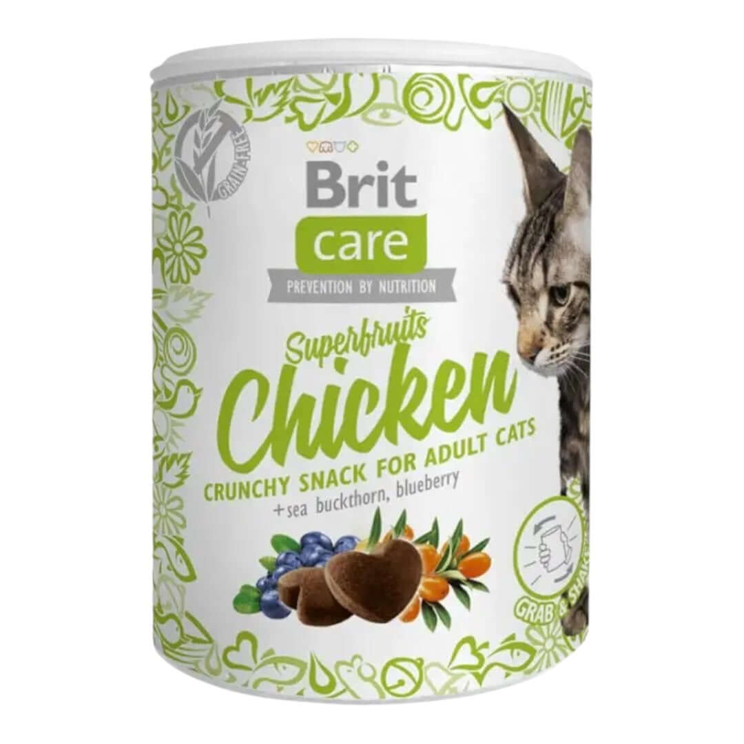 Brit Care Superfruits Chicken Cat Snack 100g, grain-free crunchy treats with sea buckthorn and blueberries for adult cats.