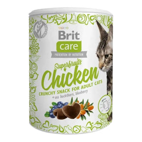 Brit Care Superfruits Chicken Cat Snack 100g, grain-free crunchy treats with sea buckthorn and blueberries for adult cats.
