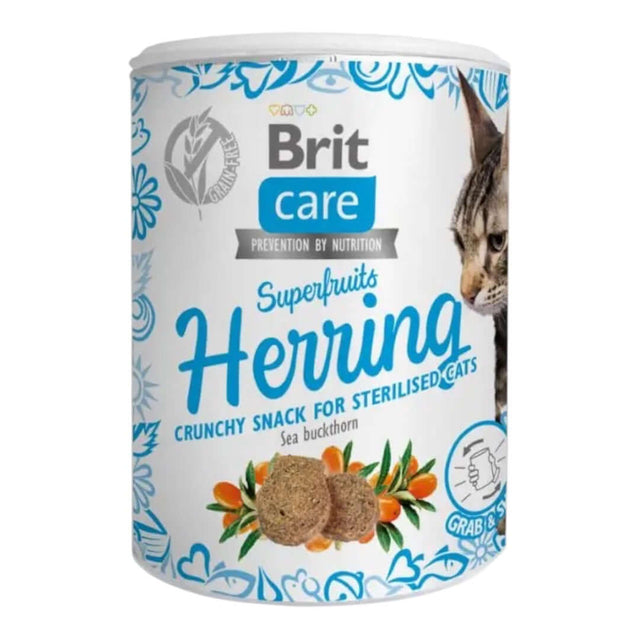 Brit Care Superfruits Herring Snack for Sterilised Cats, crunchy cookie treats with superfruits in a 100g can.