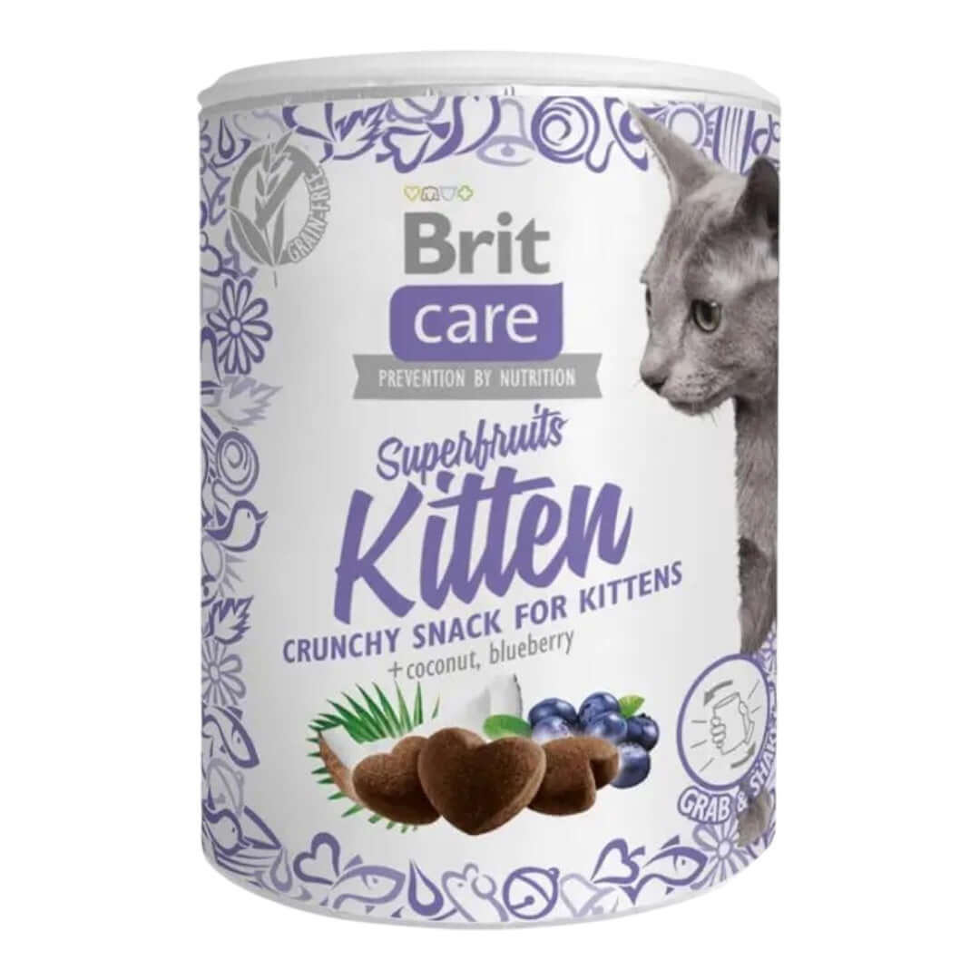Brit Care Superfruits Kitten Snack 100g, heart-shaped crunchy treats for kittens with chicken, coconut, and blueberry.