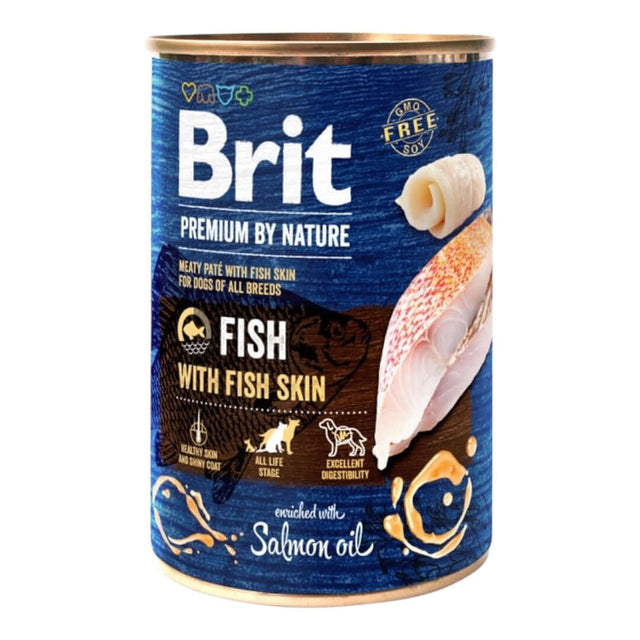 Brit Premium Adult Wet Dog Food can with meaty paté featuring fish skin and salmon oil, suitable for all dog breeds.