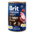 Brit Premium Wet Dog Food can, featuring turkey with liver, suitable for all life stages and enriched with chamomile.