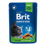 Brit Premium Cat Pouch with chicken slices for sterilised cats, featuring tender chunks in savoury gravy.