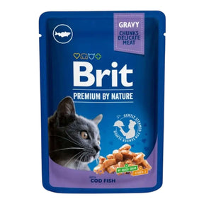 Brit Premium Cat Pouch with Cod Fish, 100g, featuring tender chunks in gravy for a tasty feline meal.