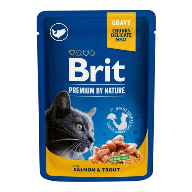 Brit Premium Cat Pouch with Salmon and Trout, tender chunks in gravy for a delicious cat meal, 100g pack.
