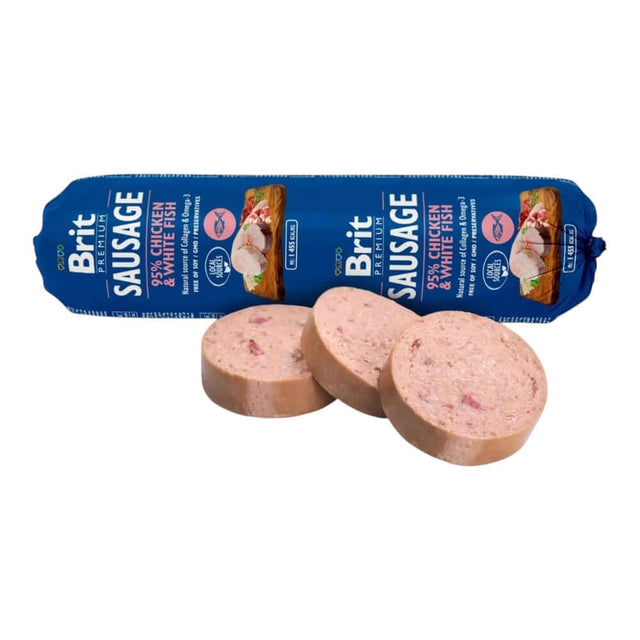 Brit Premium Chicken & White Fish Sausage for Dogs, wet food in roll with sliced pieces, 800g packaging.