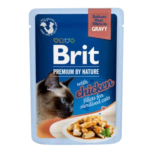 Brit Premium Delicate Fillets in Gravy with Chicken Cat Wet Food Pouch 85g for sterilized cats.