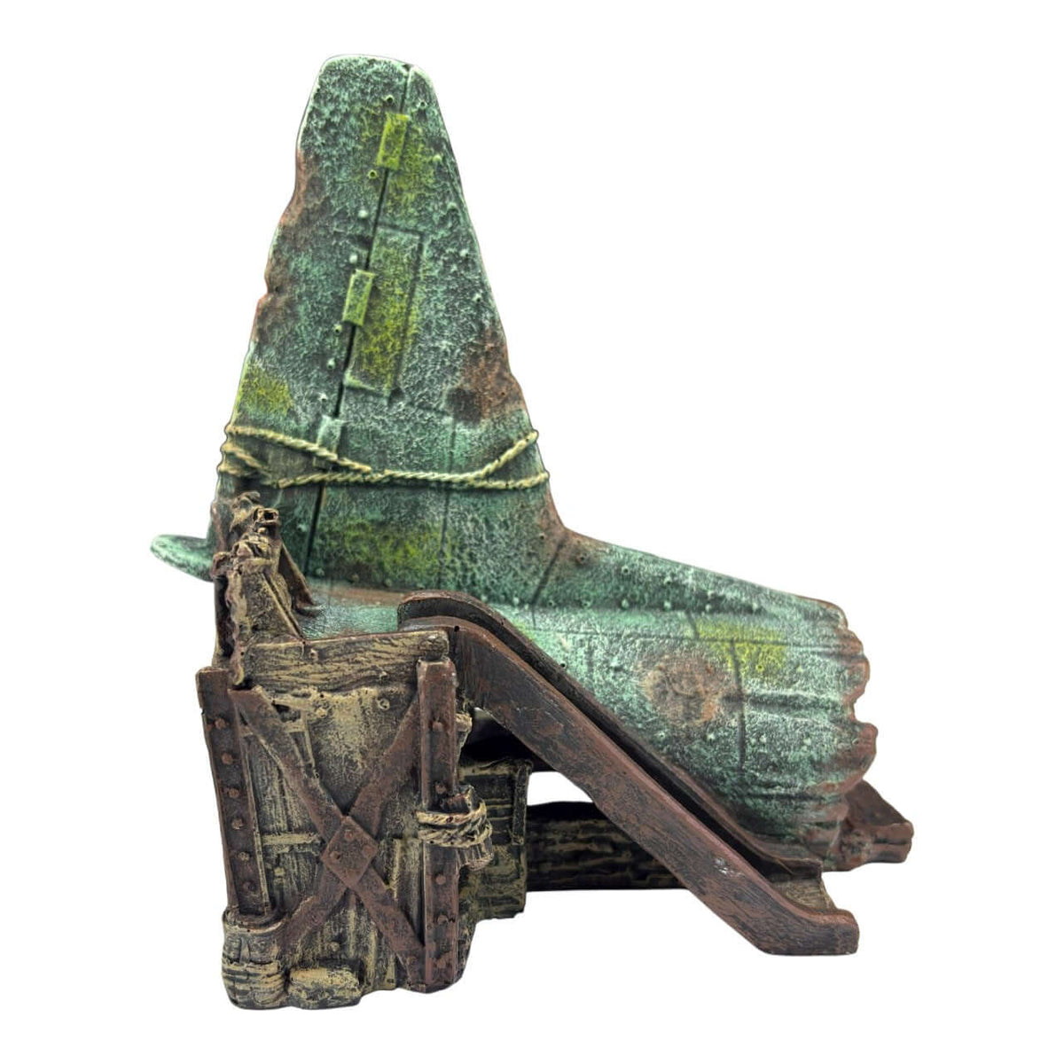 Broken Aeroplane Tail Ornament showcasing a weathered green tail fin and textured wreckage for aquarium decor.