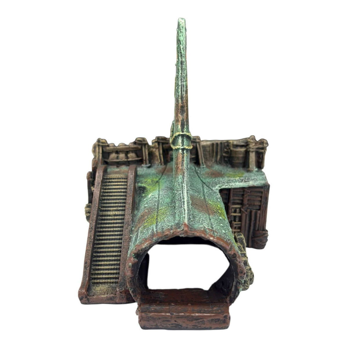 Broken Aeroplane Tail Ornament for aquarium with weathered green panels and exposed framework.