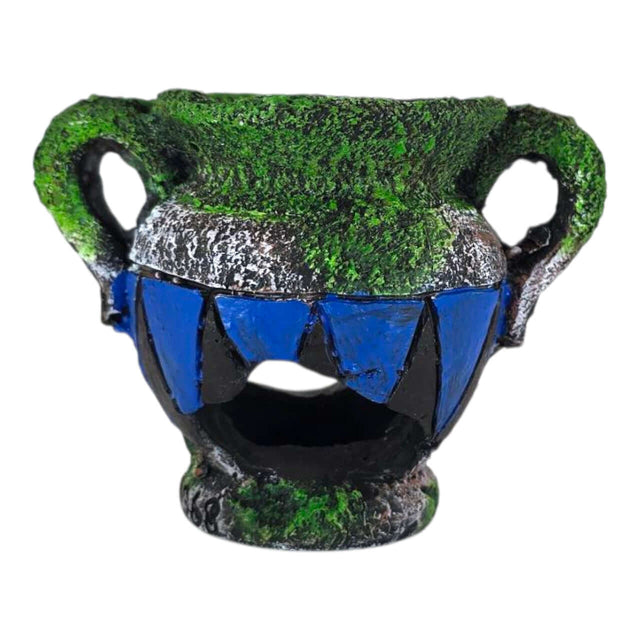 Broken Pot Blue Aquarium Ornament with aged green and blue finish, ideal for adding character to aquariums.