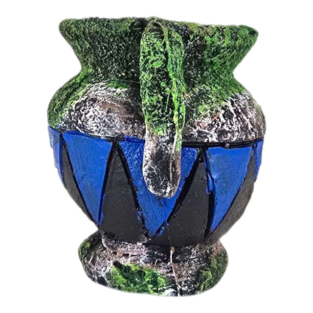 Broken Pot Blue Aquarium Ornament, ancient amphora style with vibrant blue and green details, perfect for adding character to aquariums.