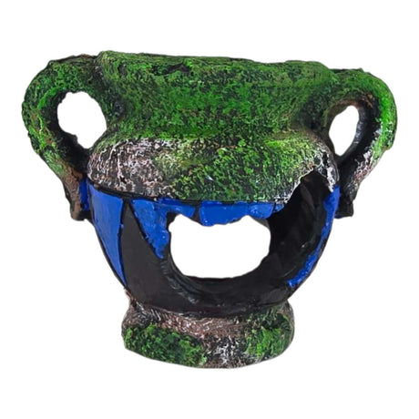 Broken Pot Blue Aquarium Ornament with green and blue colors, adding character to your aquarium decor.