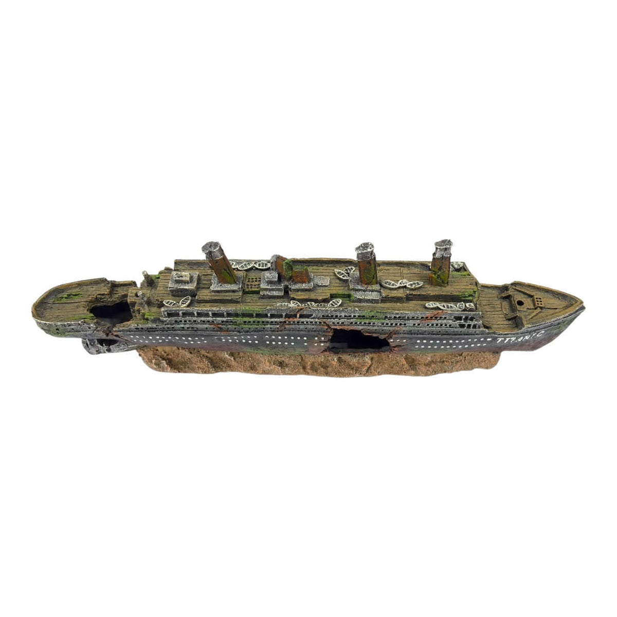 Broken Titanic Ship Ornament, detailed model of the Titanic shipwreck with aged hull, dimensions 58 x 8 x 19 cm.
