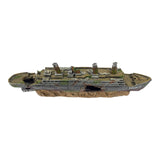 Broken Titanic Ship Ornament, detailed model of the Titanic shipwreck with aged hull, dimensions 58 x 8 x 19 cm.