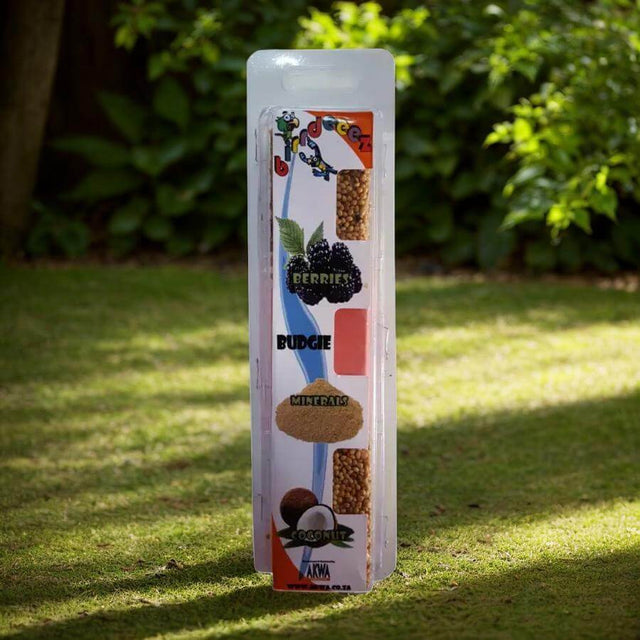 Budgie Treat Stick featuring Berries, Minerals, and Coconut for healthy snacks for budgerigars.