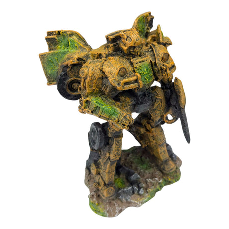 Bumble Bee Transformer Ornament on rugged base, perfect for aquariums, showcasing mechanical details and weathered finish.