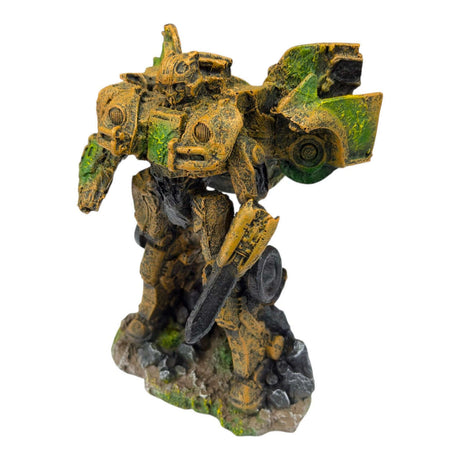 Bumble Bee Transformer Ornament on a rugged base, perfect for decorating aquariums with a sci-fi touch.