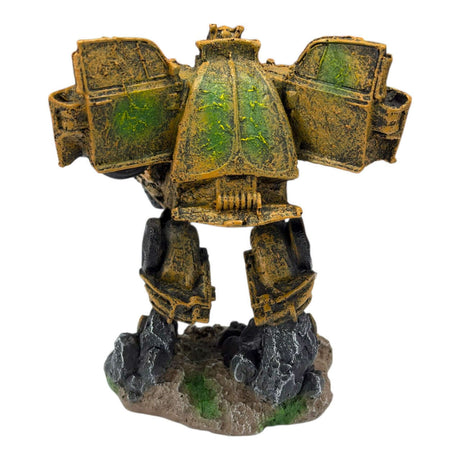 Bumble Bee Transformer Ornament standing on a rugged base with mechanical details and a weathered finish.