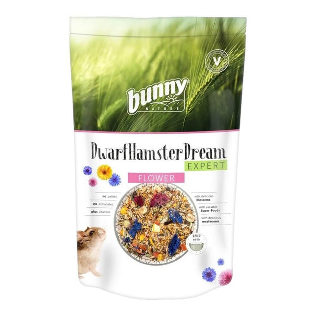 Bunny Nature Dwarf Hamster Dream Expert Flower 500g packaging with natural ingredients and vibrant flowers for dwarf hamsters.