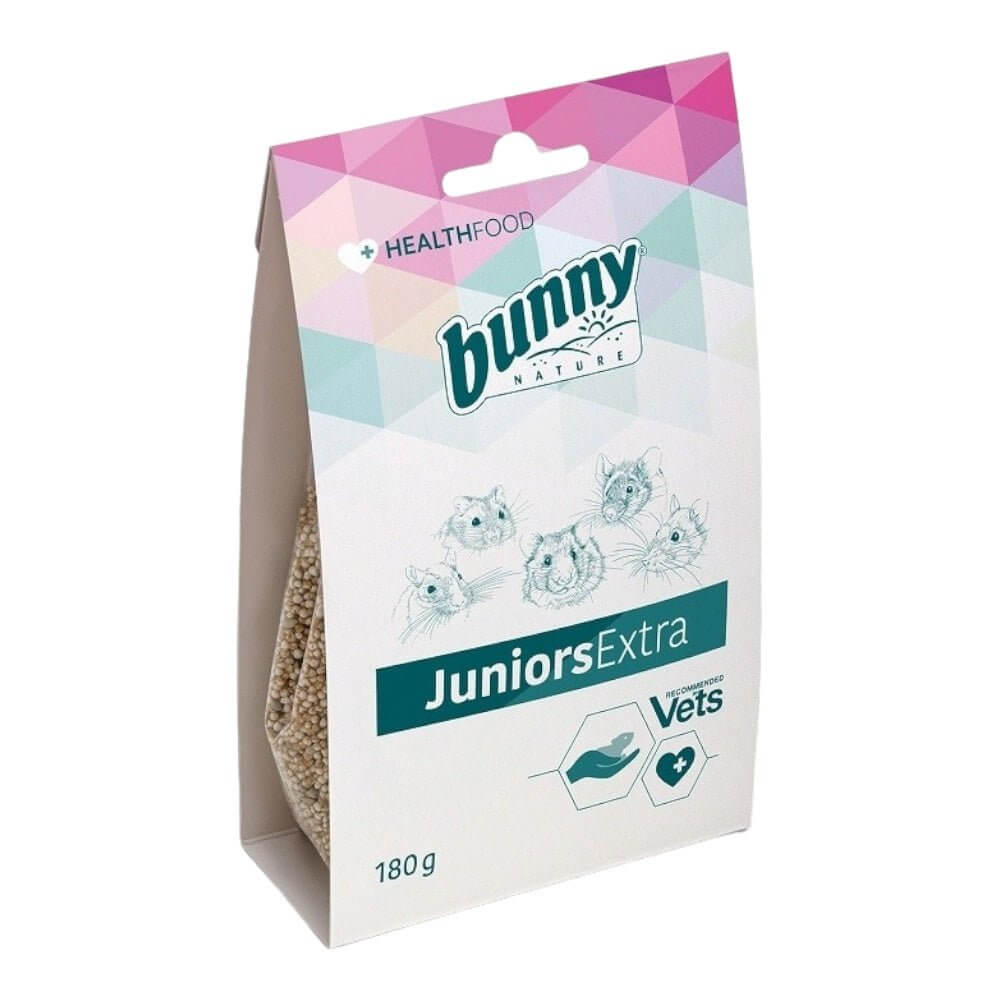 Bunny Nature Health Juniors Extra 180g supplement for growing hamsters and small animals, featuring protein-rich ingredients.