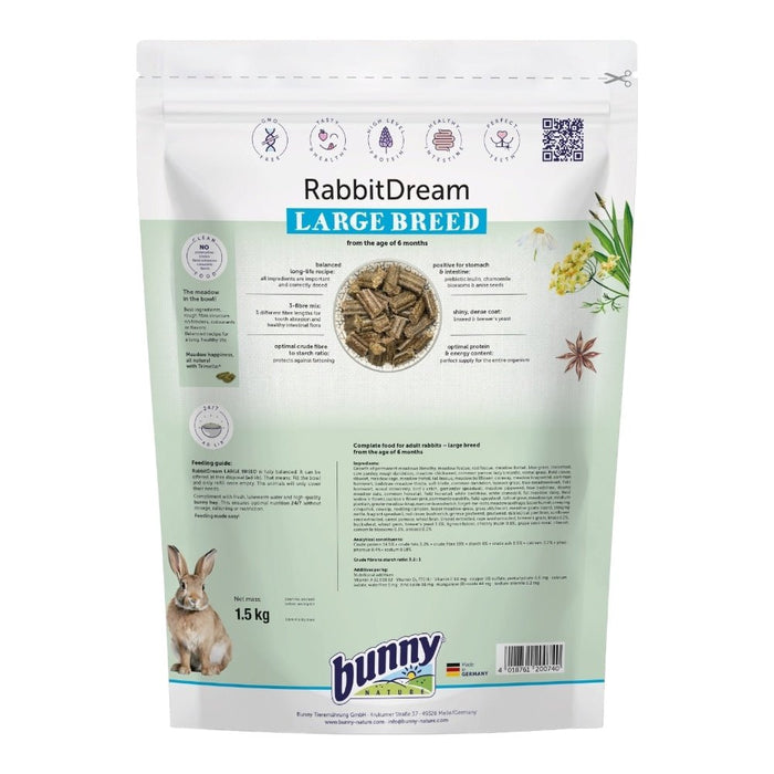 Bunny Nature Rabbit Dream Large Breed 1.5kg packaging featuring natural ingredients and feeding guidelines for healthy rabbits.