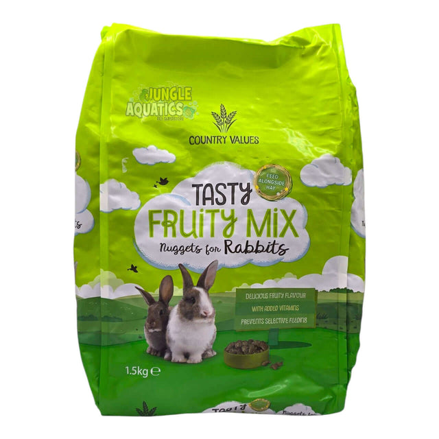 Burgess Country Values Fruity Rabbit Nuggets bag, designed for healthy rabbit digestion and selective feeding prevention.