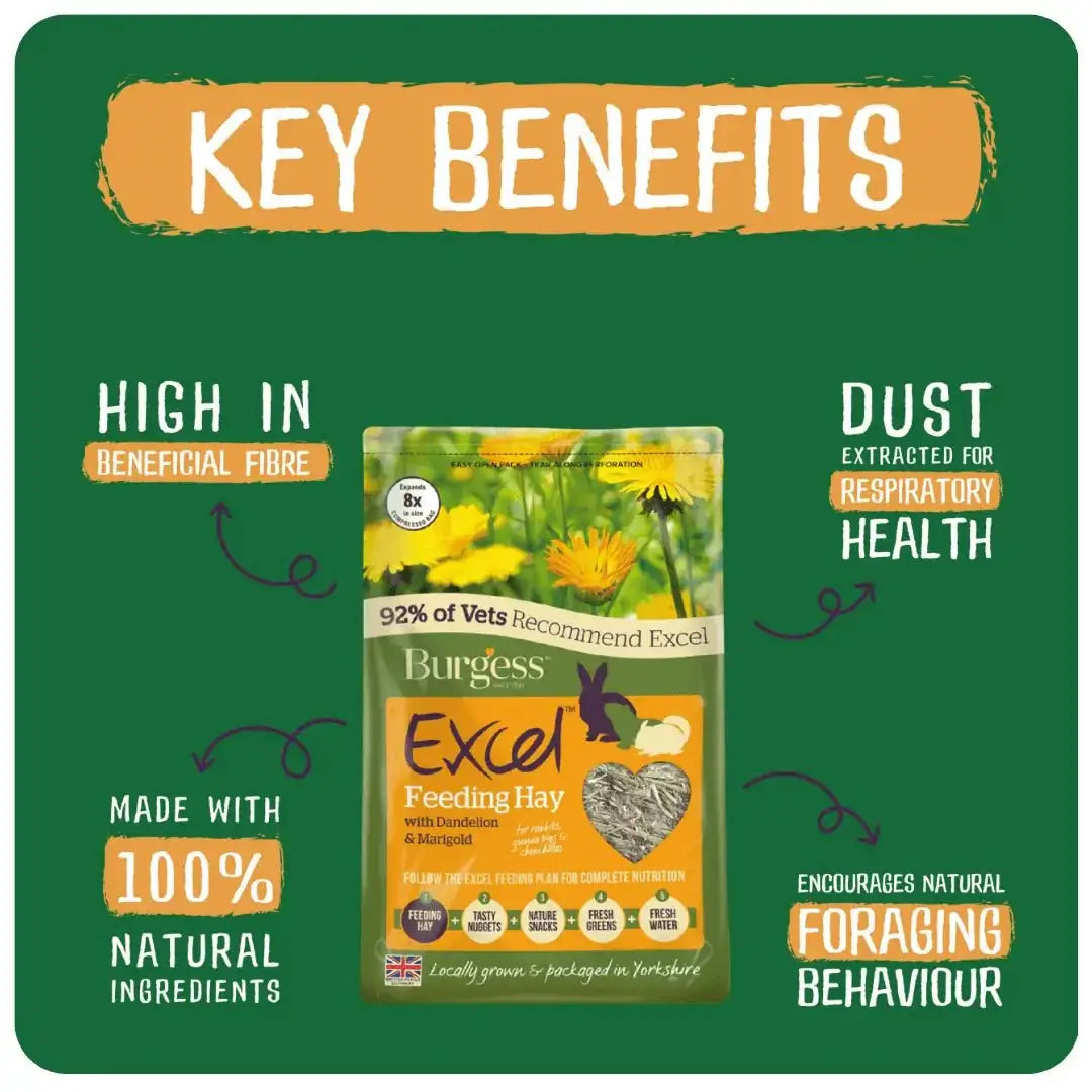 Burgess Excel Feeding Hay packaging highlighting key benefits like high fibre, natural ingredients, and respiratory health.