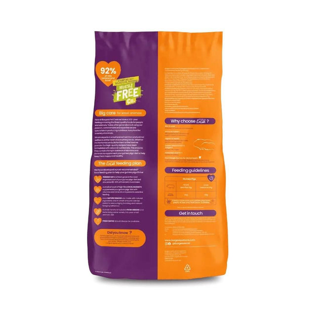Back of Burgess Excel Guinea Pig Nuggets bag showcasing feeding guidelines and nutritional information.